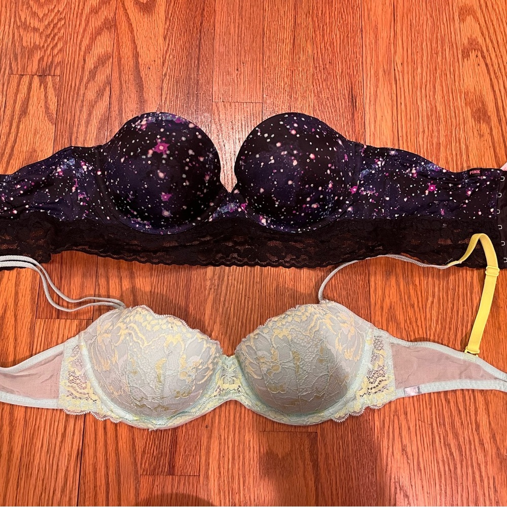 PINK Victoria's Secret Starry Black and Cream Lace Bra Set